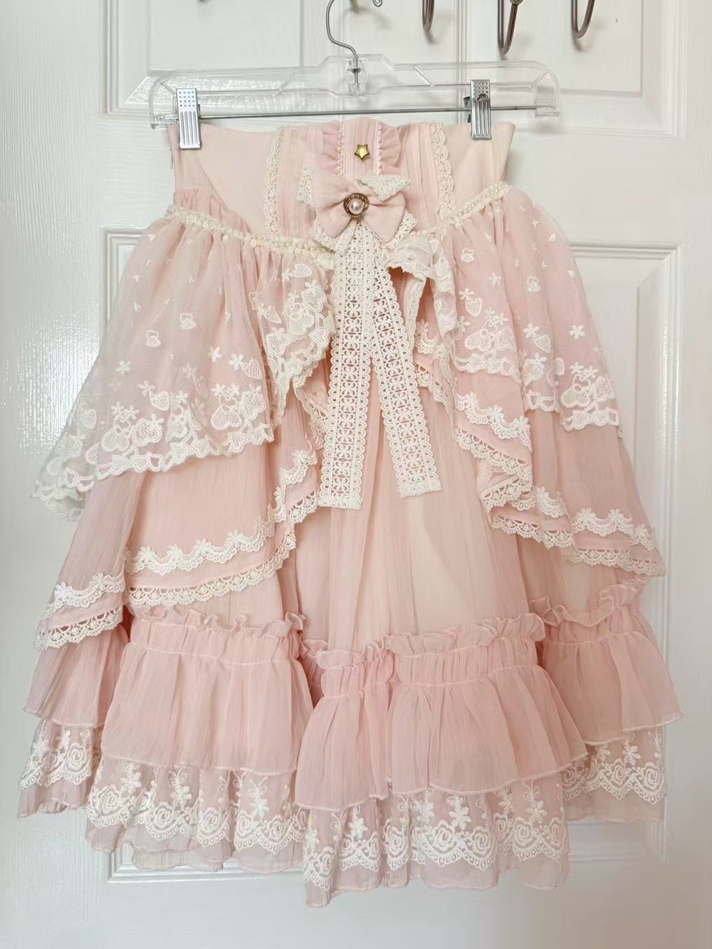 Lolita Delicate Pink Lace Tiered Skirt with Skirt Wrap Set